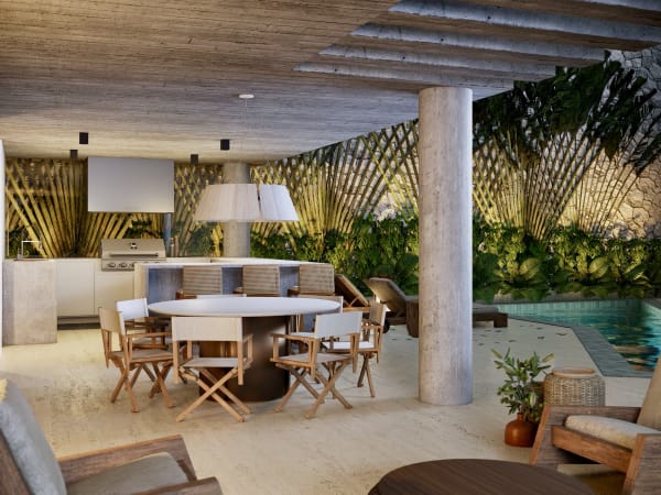 Espaço gourmet com mobiliário em madeira e concreto