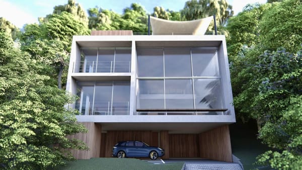 Projeto de três pavimentos com cobertura curva