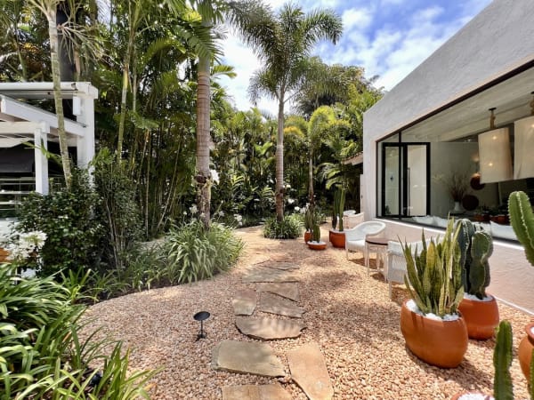 Jardim tropical com caminho em pedra e cactos