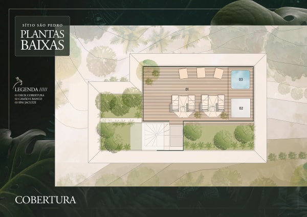 Planta baixa da cobertura com deck e piscina