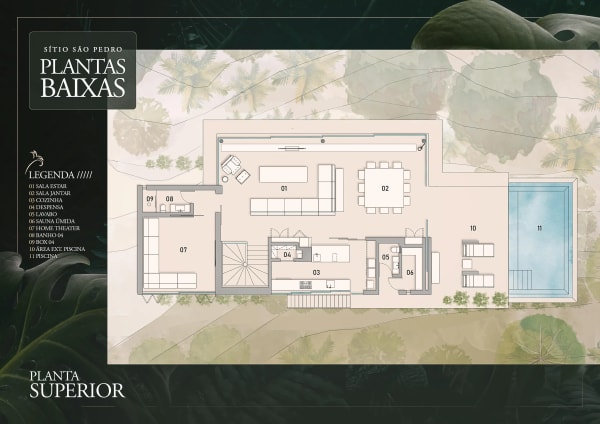 Planta superior com ambientes integrados e área de lazer