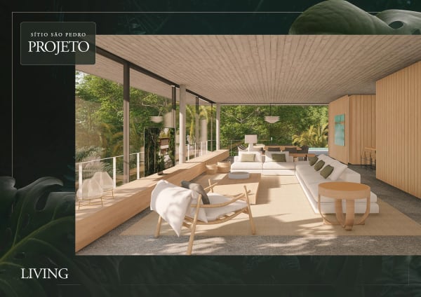 Perspectiva renderizada do living integrado ao verde