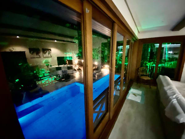 Estar com iluminação cênica e esquadrias de madeira