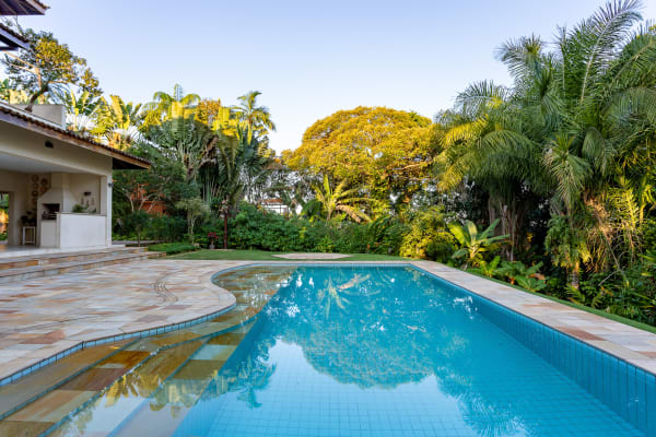 Piscina com deck em pedra e jardim tropical