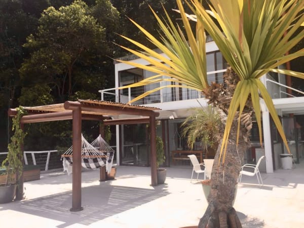 Pergolado em madeira com jardim tropical integrado