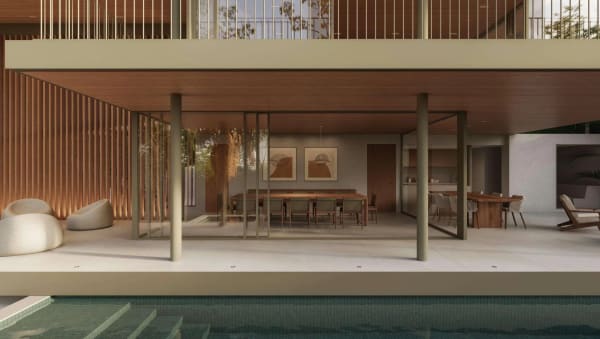 Varanda gourmet com vista para piscina e jardim