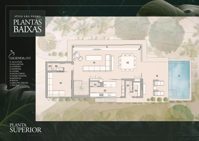 Planta superior com ambientes integrados e área de lazer