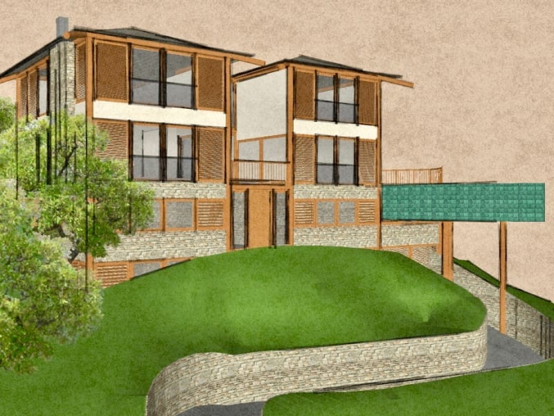 Vista frontal do projeto com terraços em balanço