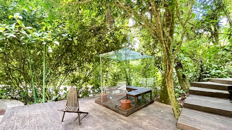 Terraço de madeira com lareira externa e mata nativa