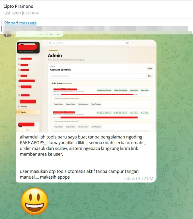 Dashboard tools Cipto: order dari Scalev masuk, link member area terkirim otomatis, OTP aktif