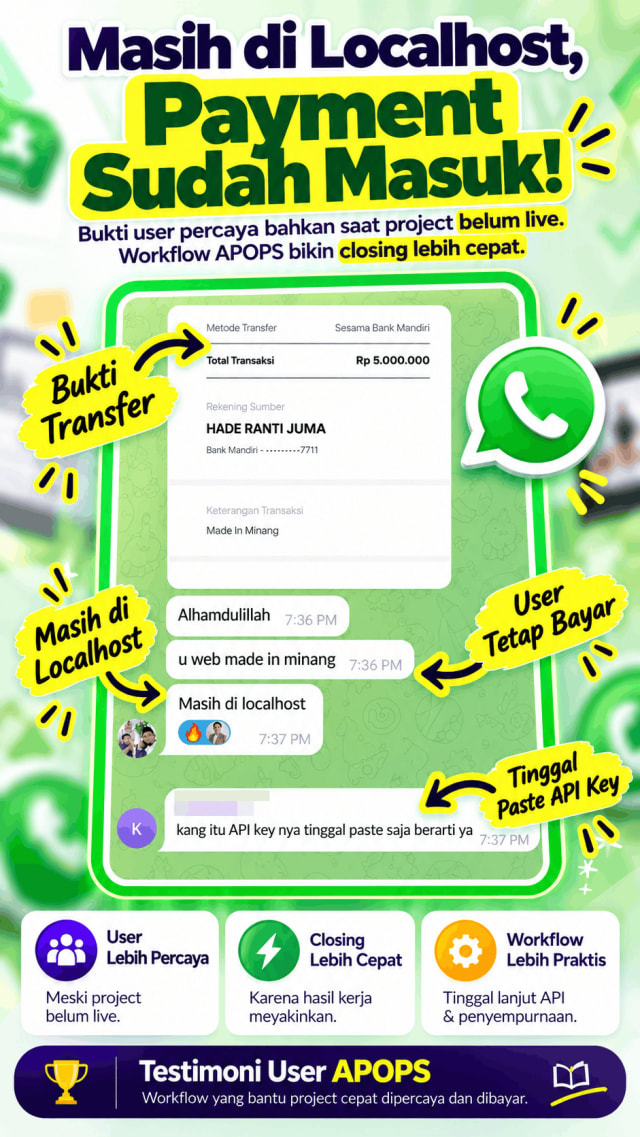 Bukti transfer Rp5.000.000 dengan keterangan Made In Minang dan chat: masih di localhost