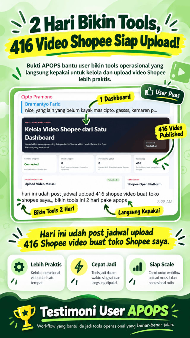 Testimoni Cipto Pramono tentang tools jadwal 416 Shopee Video dibuat dalam 2 hari memakai APOPS