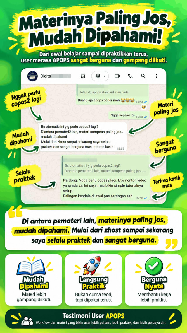 Rangkuman visual testimoni pengguna APOPS tentang materi yang mudah dipahami