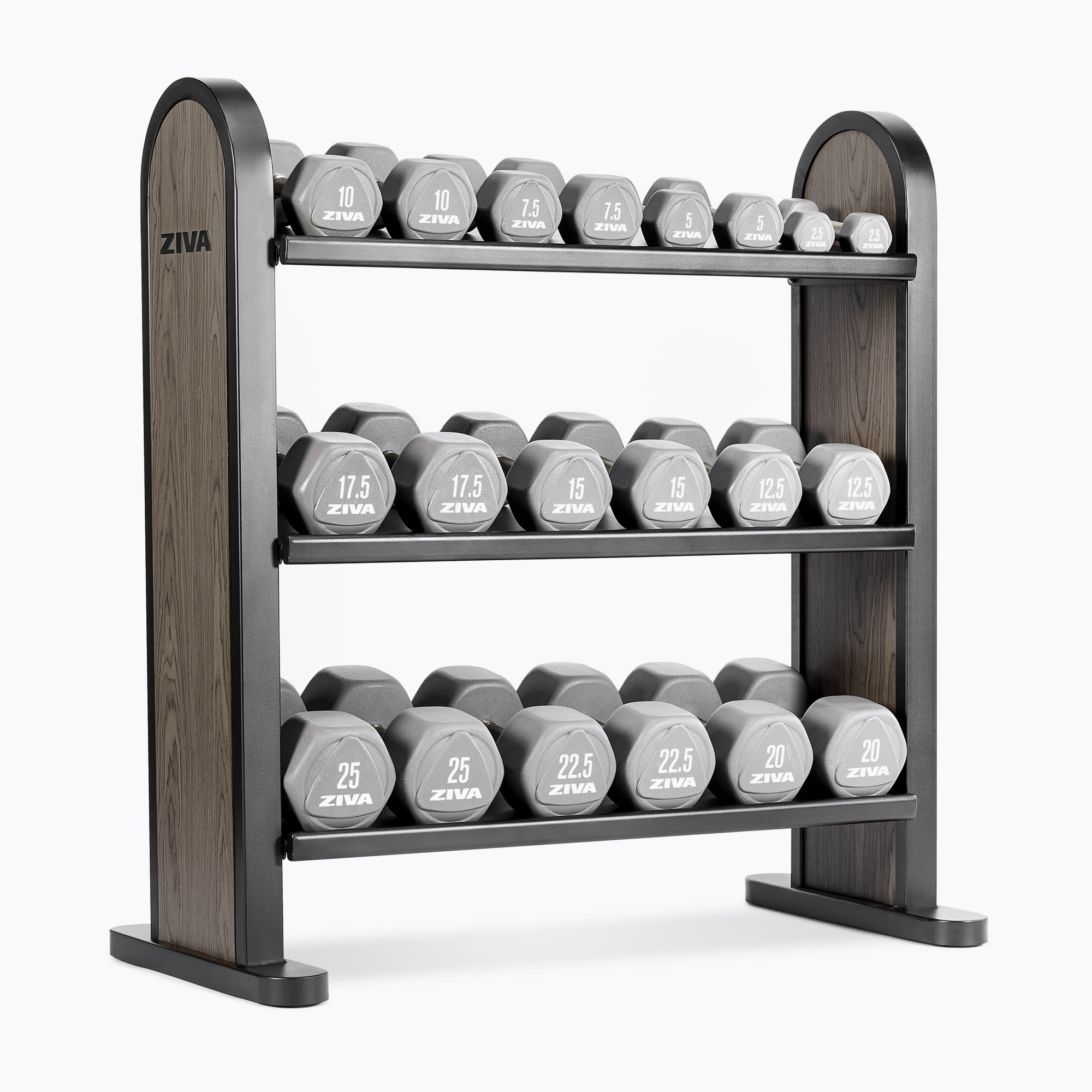 LUMINA 3-TIER HEXAGON DUMBBELL RACK + LUMINA HEXAGON URETHANE DUMBBELL SET 2.5-25KG (10 PAIRS)