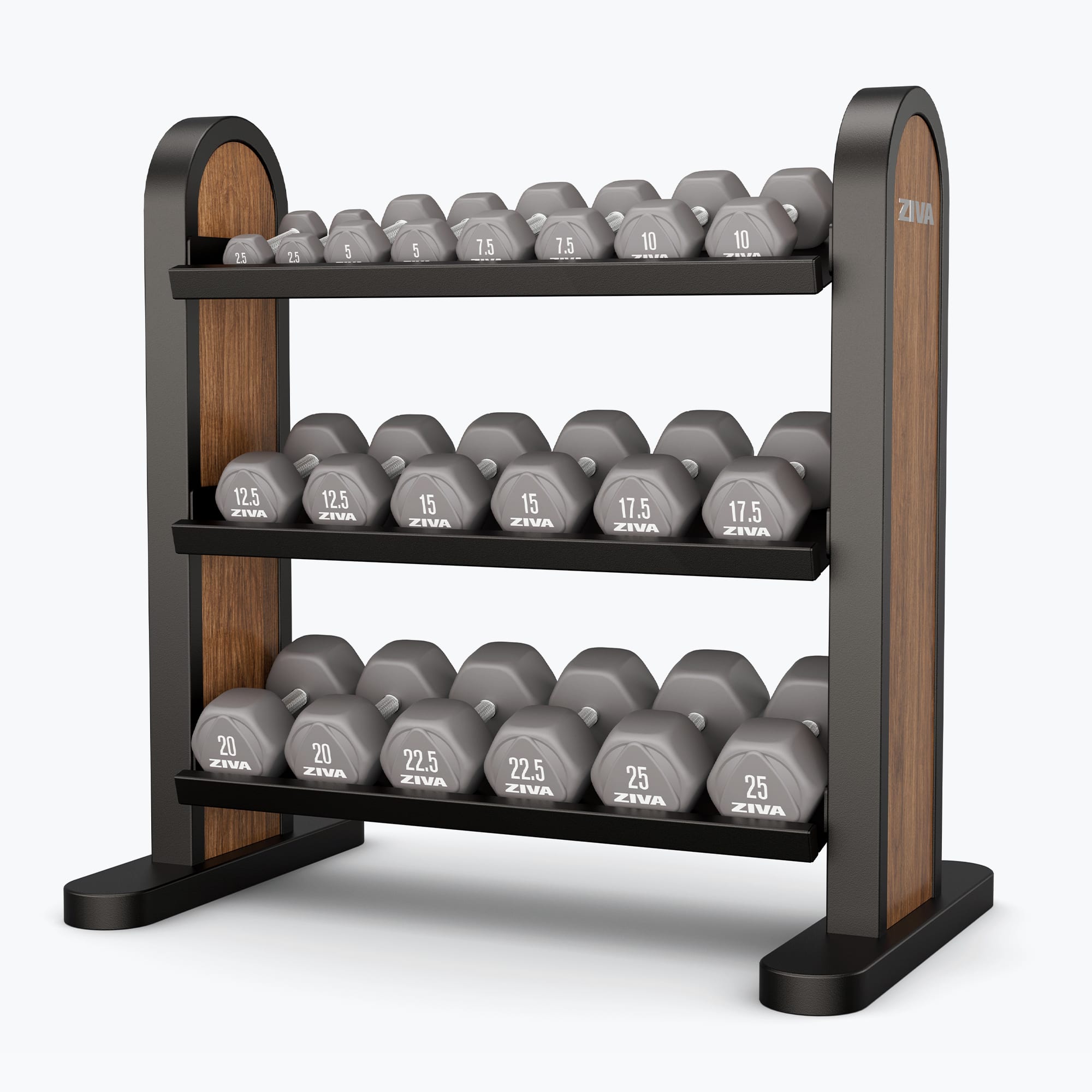LUMINA 3-TIER HEXAGON DUMBBELL RACK + LUMINA HEXAGON URETHANE DUMBBELL SET 2.5-25KG (10 PAIRS)