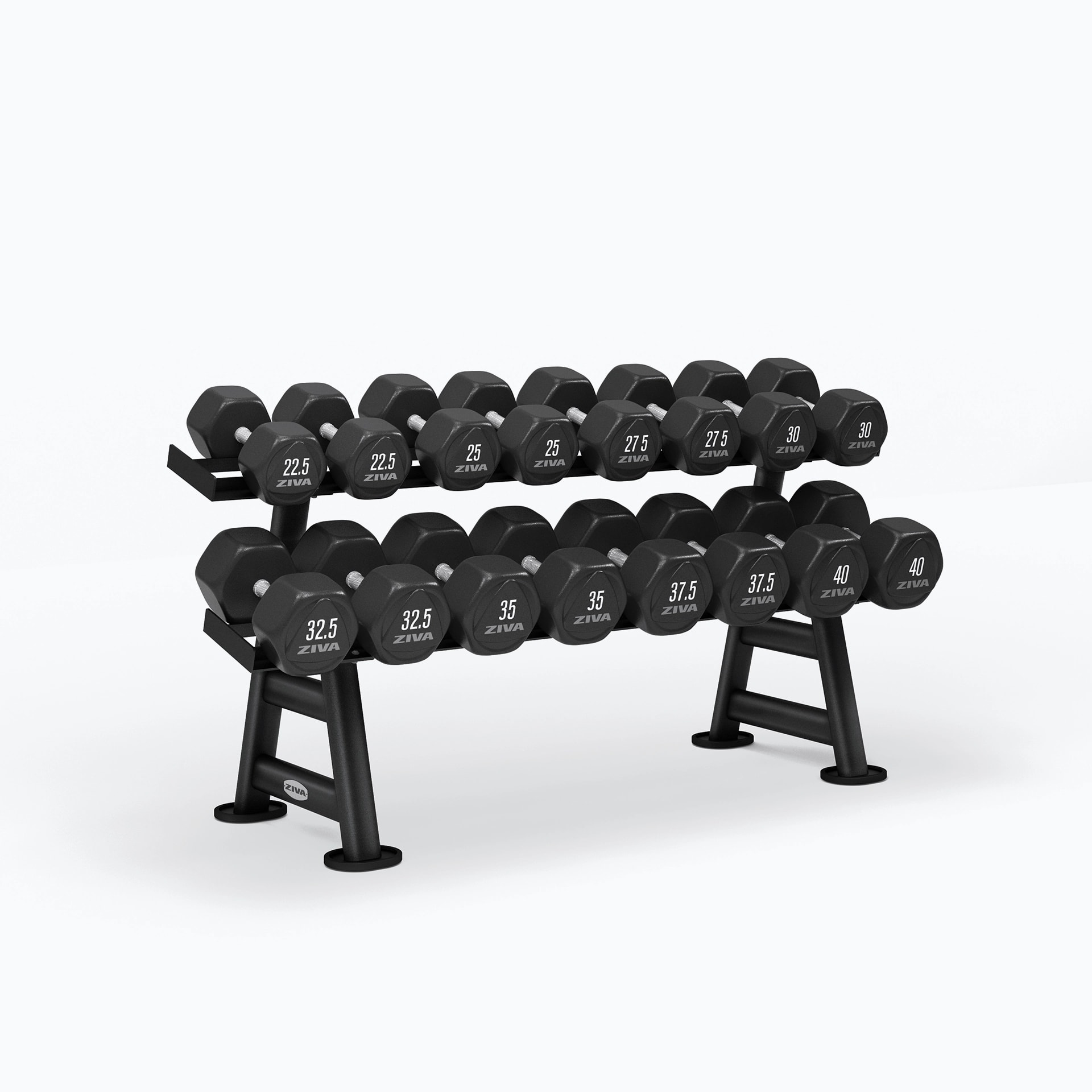 PERFORMANCE HEXAGON RPU DUMBBELL SETS + 2 TIER DUMBBELL RACK