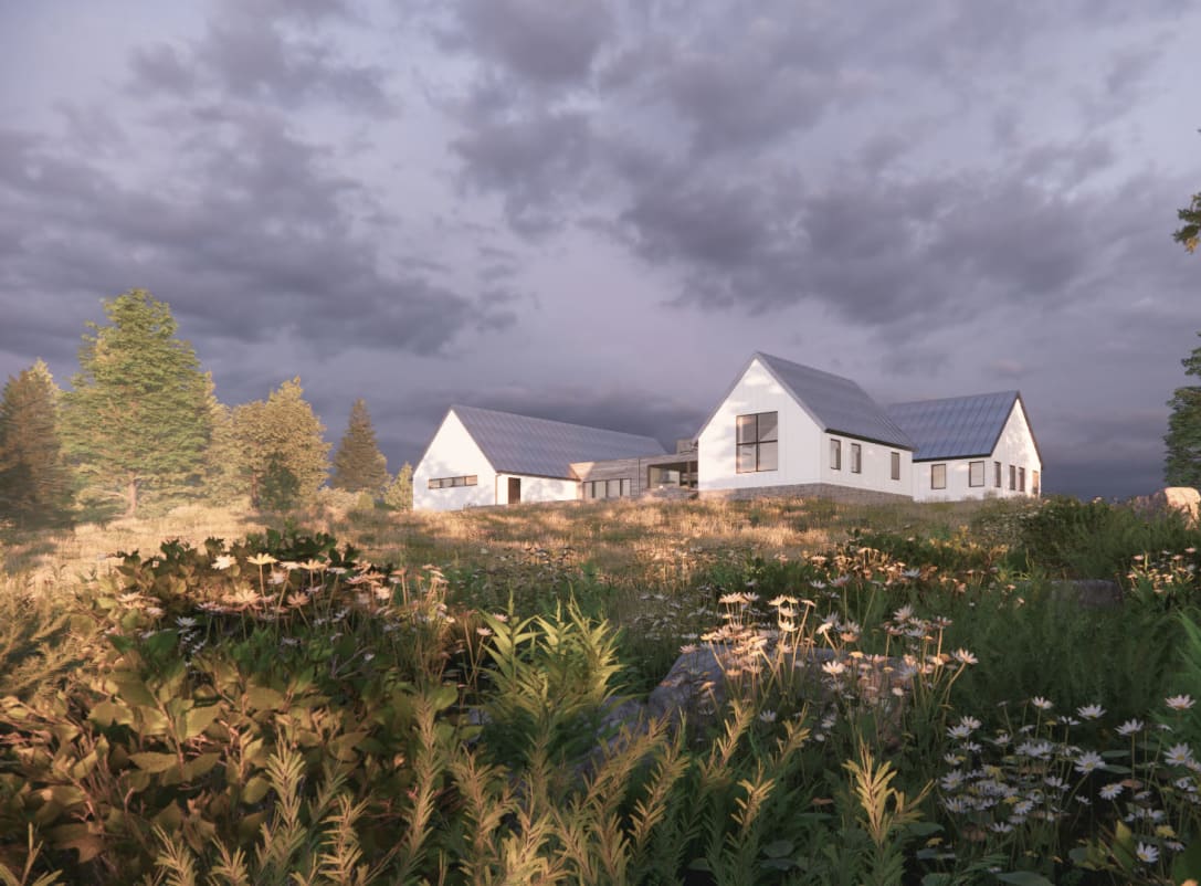 A rear exterior rendering of the Prairie Place residence (unbuilt) with white siding surrounded by a landscape of natural prairie grasses and flowers.