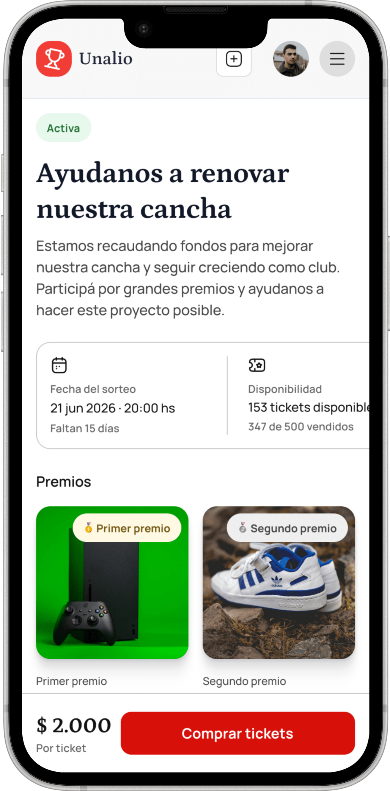 La misma rifa vista en un teléfono
