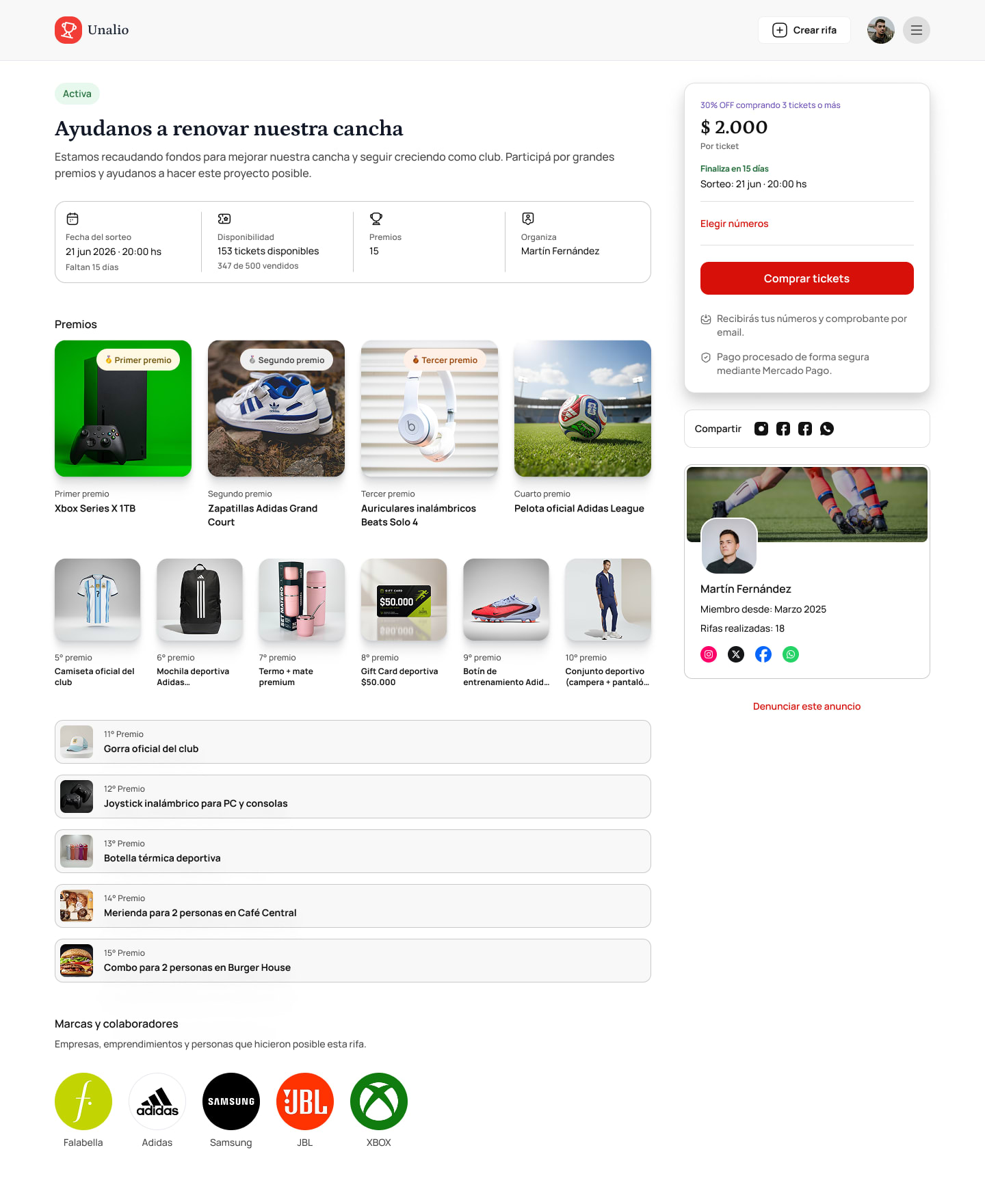 La pantalla de una rifa en Unalio, vista en una computadora