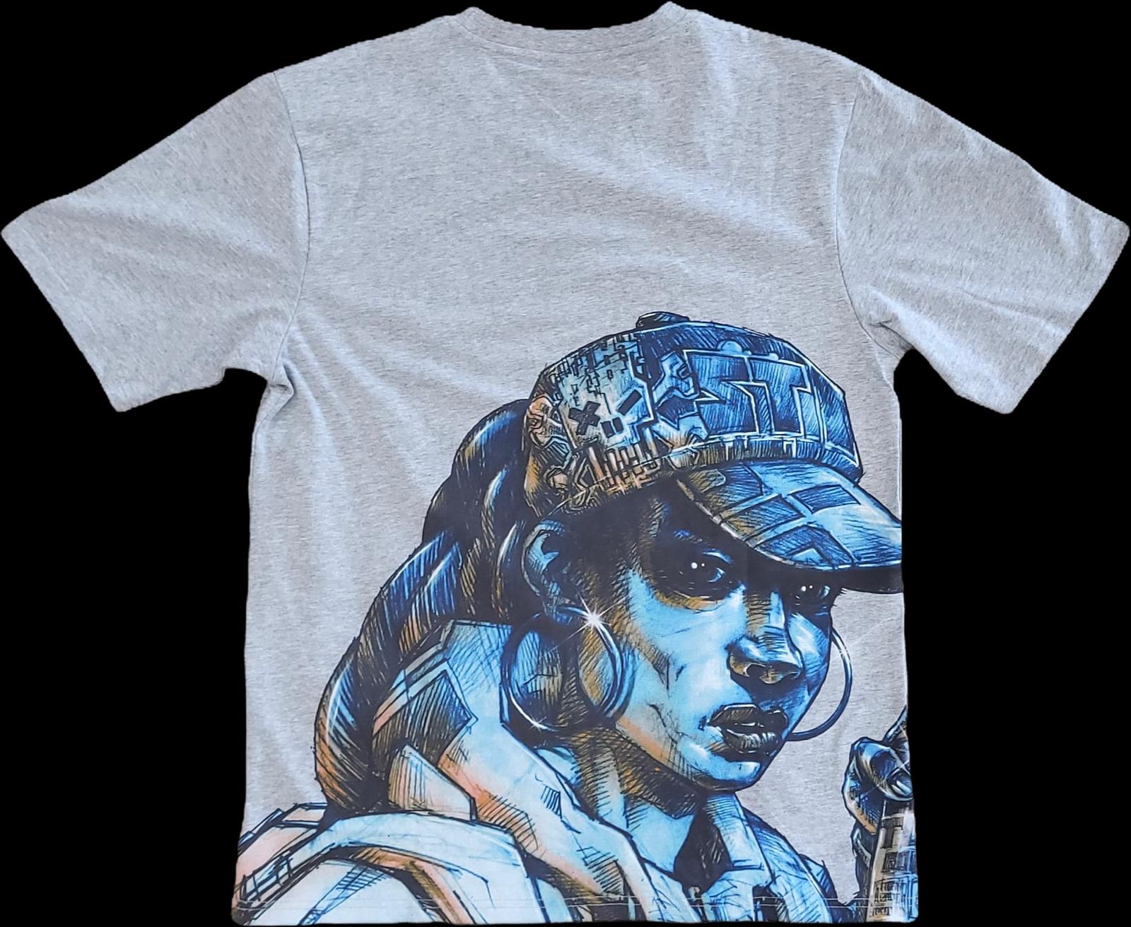 Graffland grey t-shirt back — 360 degree digital print with illustrated character graphic