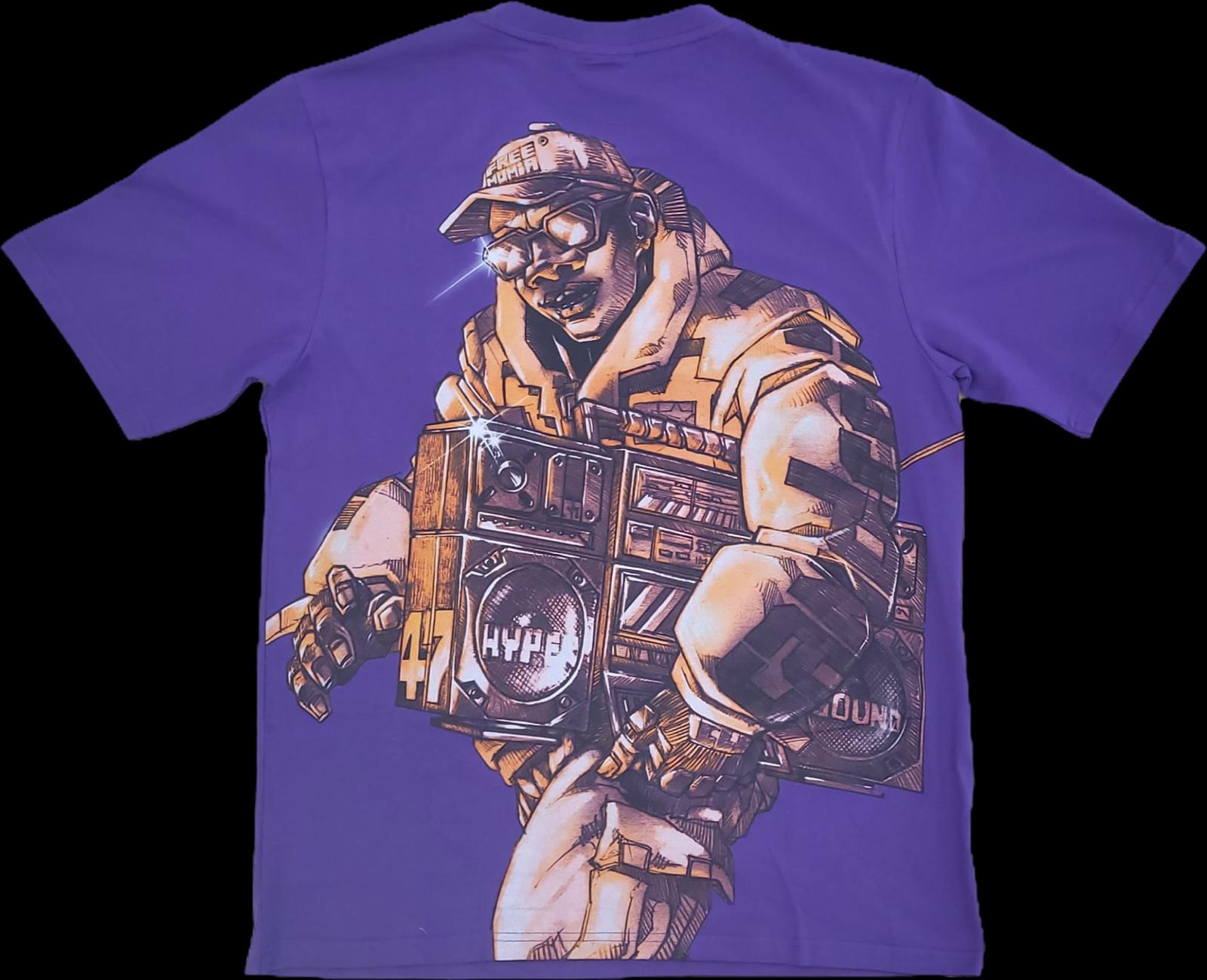 Graffland purple t-shirt back — 360 degree digital print with illustrated boombox character graphic
