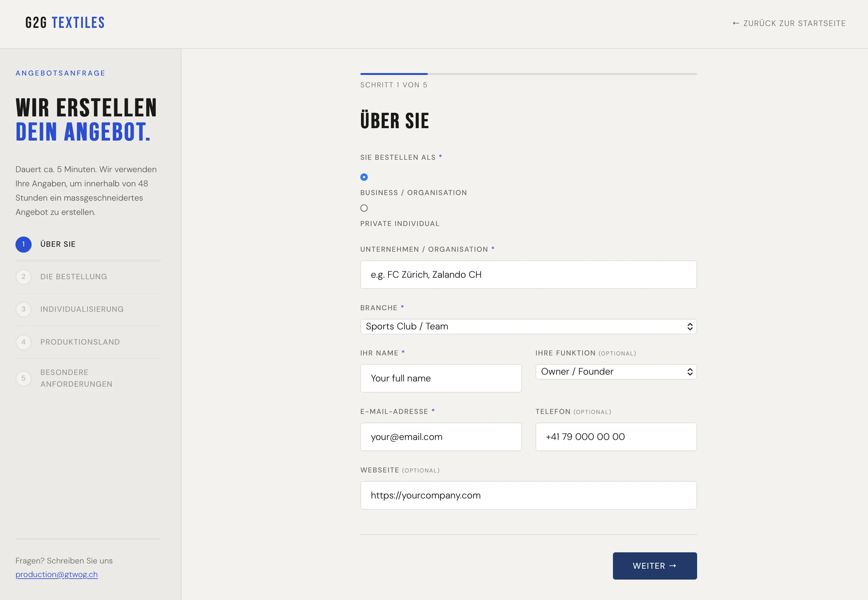 G2G Textiles quote wizard — step by step garment briefing tool