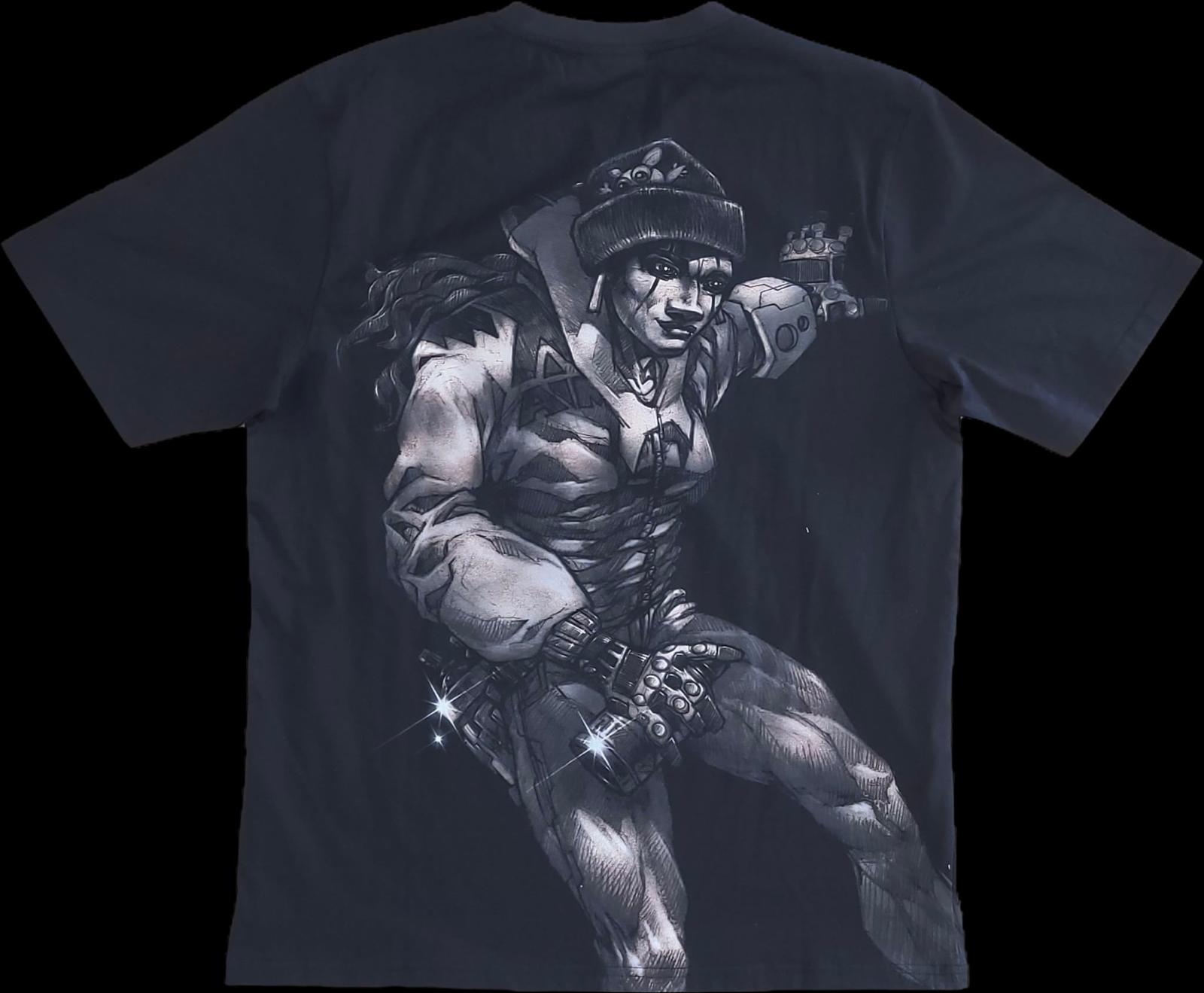 Graffland black t-shirt back — 360 degree digital print with illustrated warrior character graphic