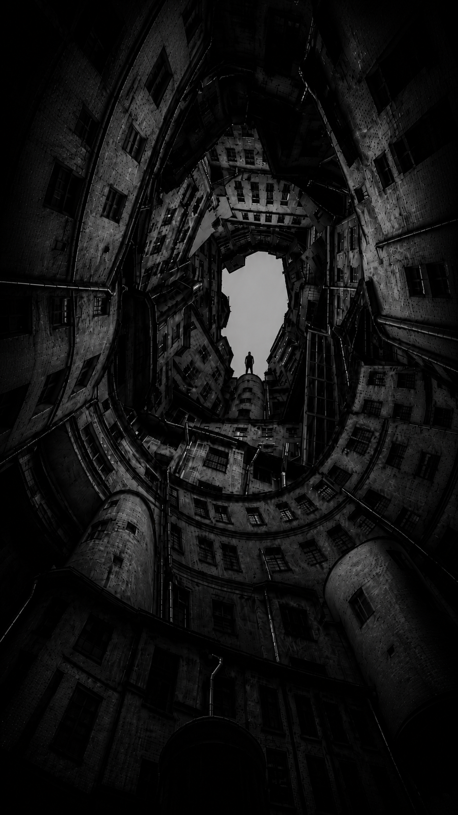 Athlete distant inside monumental architecture