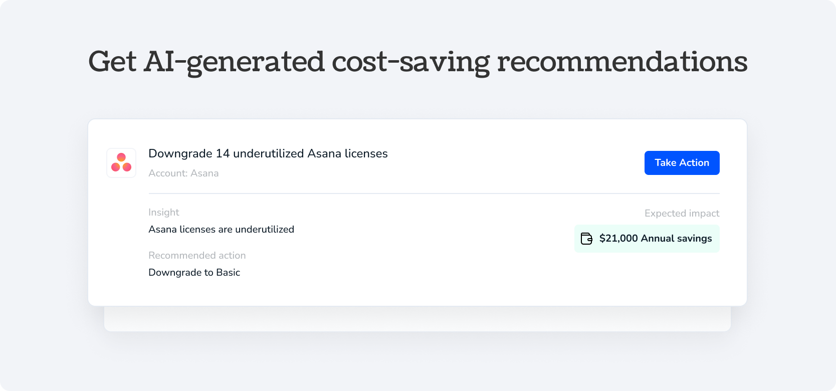 Get AI-generated cost-savings recommendations Asana - Torii Integration