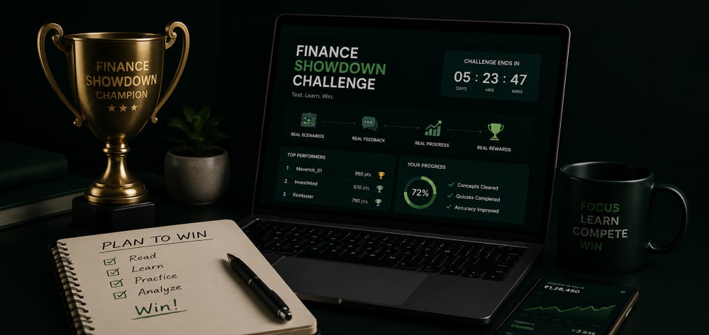 A Finance Showdown leaderboard on a laptop beside a champion trophy