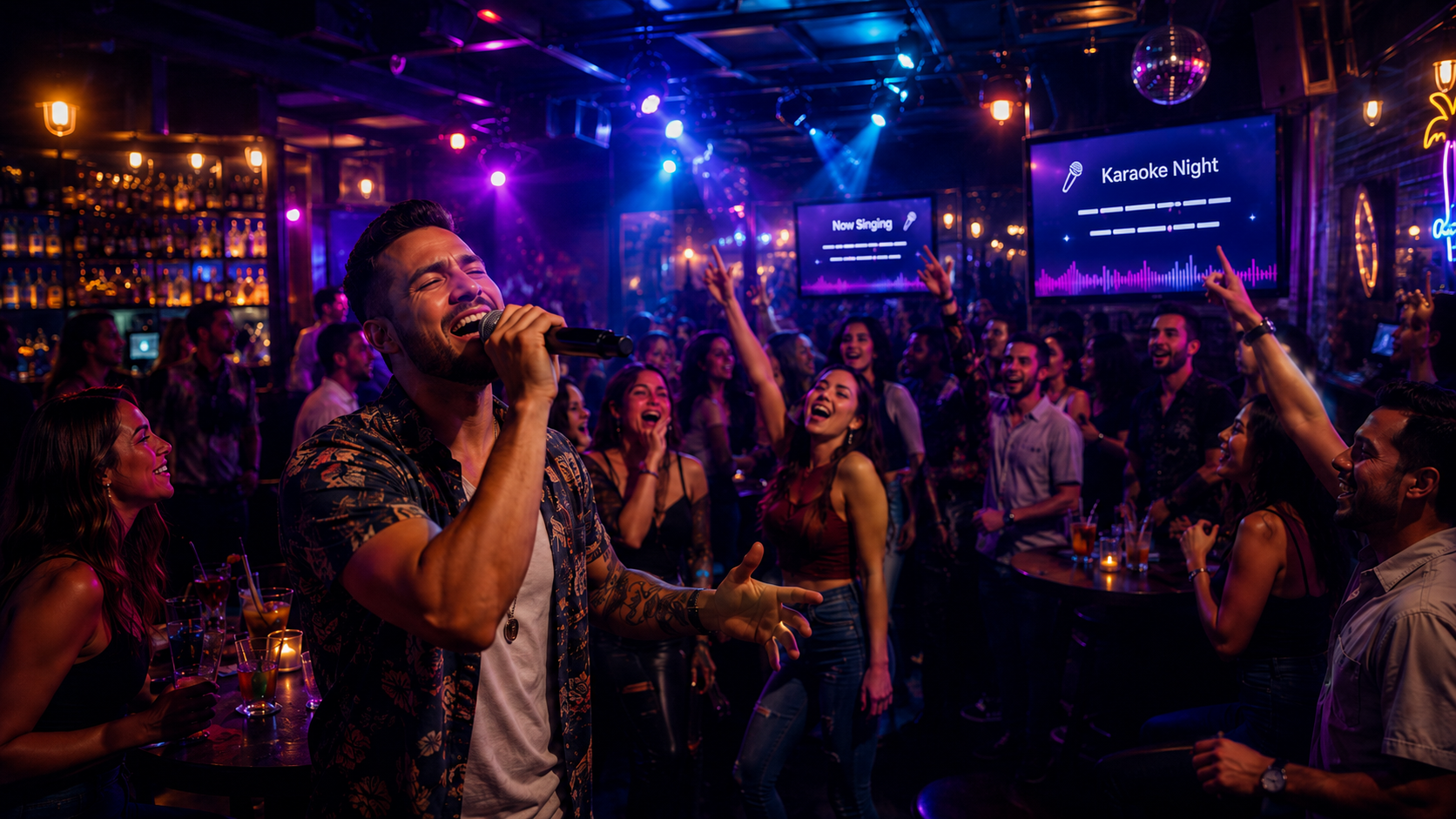 High-energy karaoke night crowd singing in a lively bar