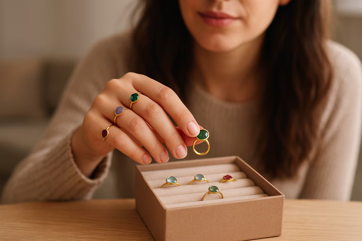 Birthstone ring worn while selecting a gift at home