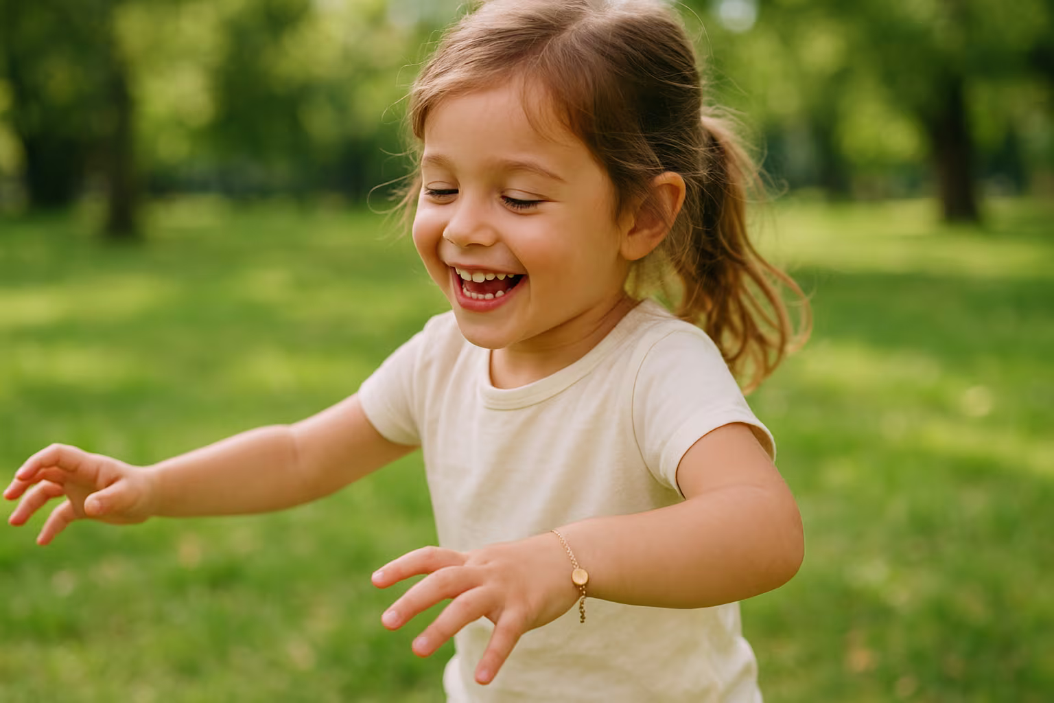 Child wearing a small piece of jewelry while playing outdoors
