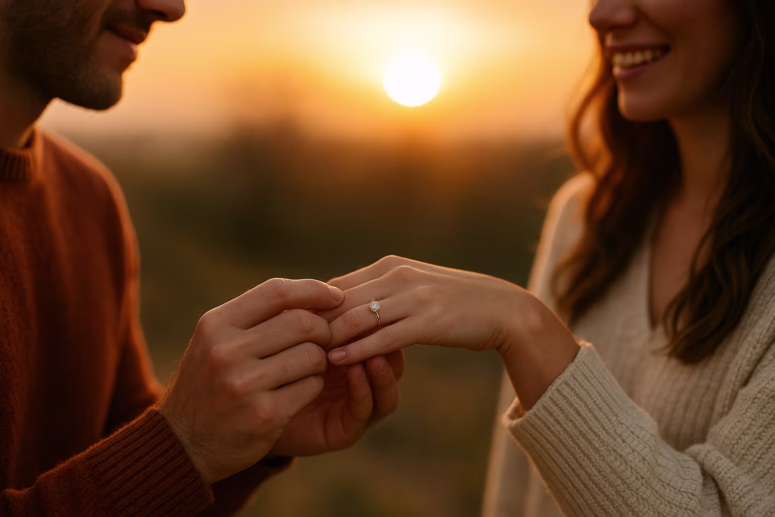 Engagement ring on a hand during a proposal in natural light