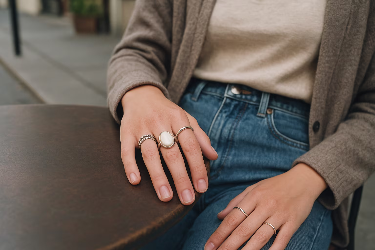 Hand wearing multiple fashion rings at a café table