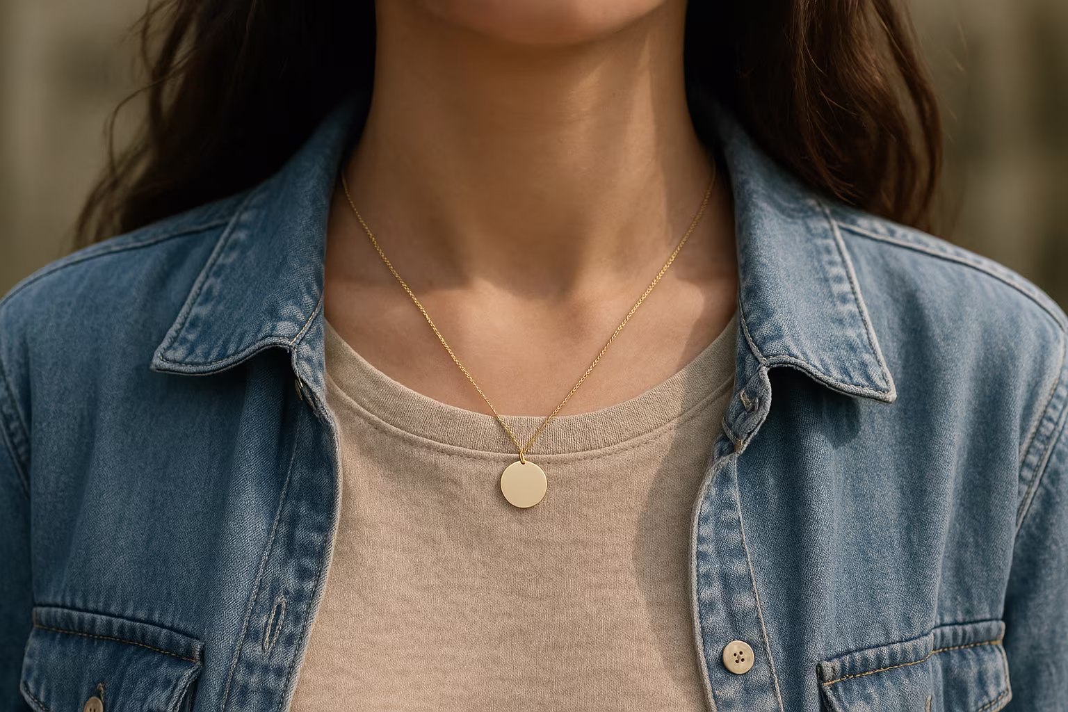 Delicate pendant necklace worn with a casual outfit