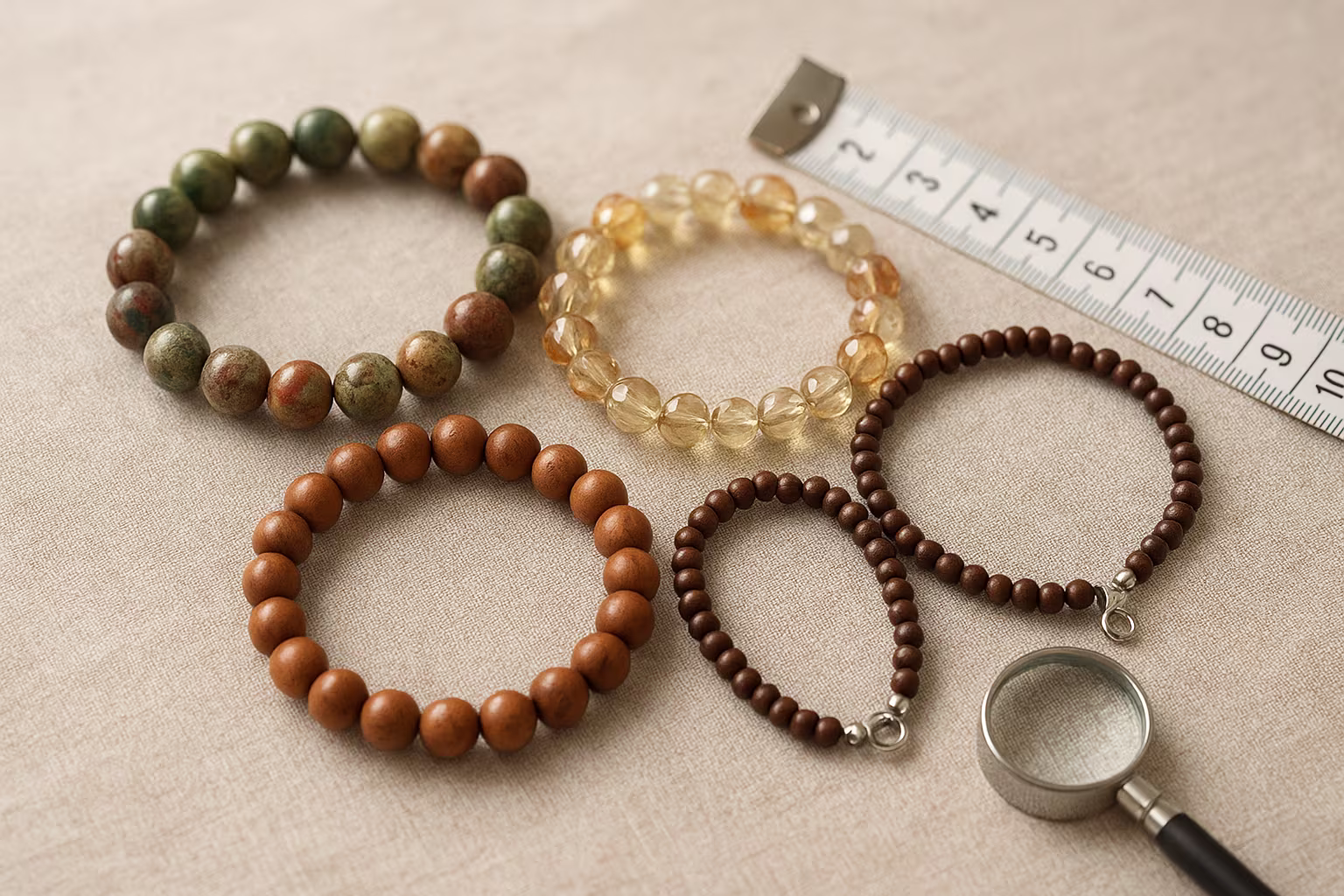 Variety of beaded bracelets on fabric with measuring tape and loupe, close-up detailed jewelry photo
