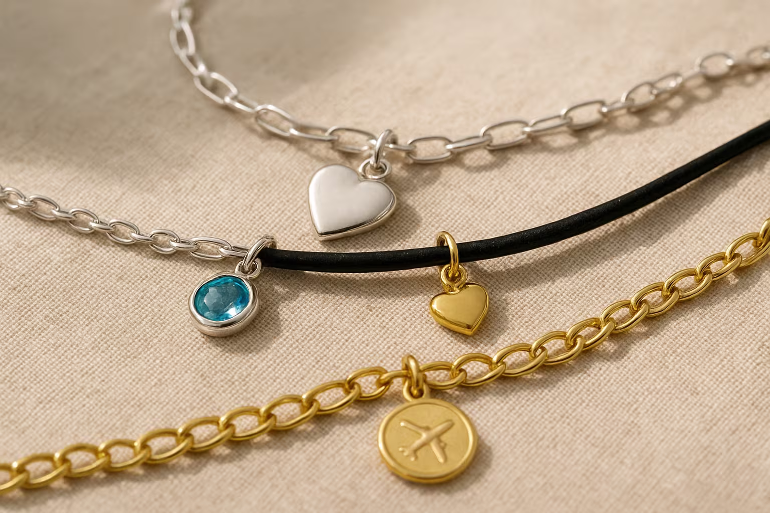Close-up of charm bracelets in silver, gold vermeil and leather showing charms and clasps