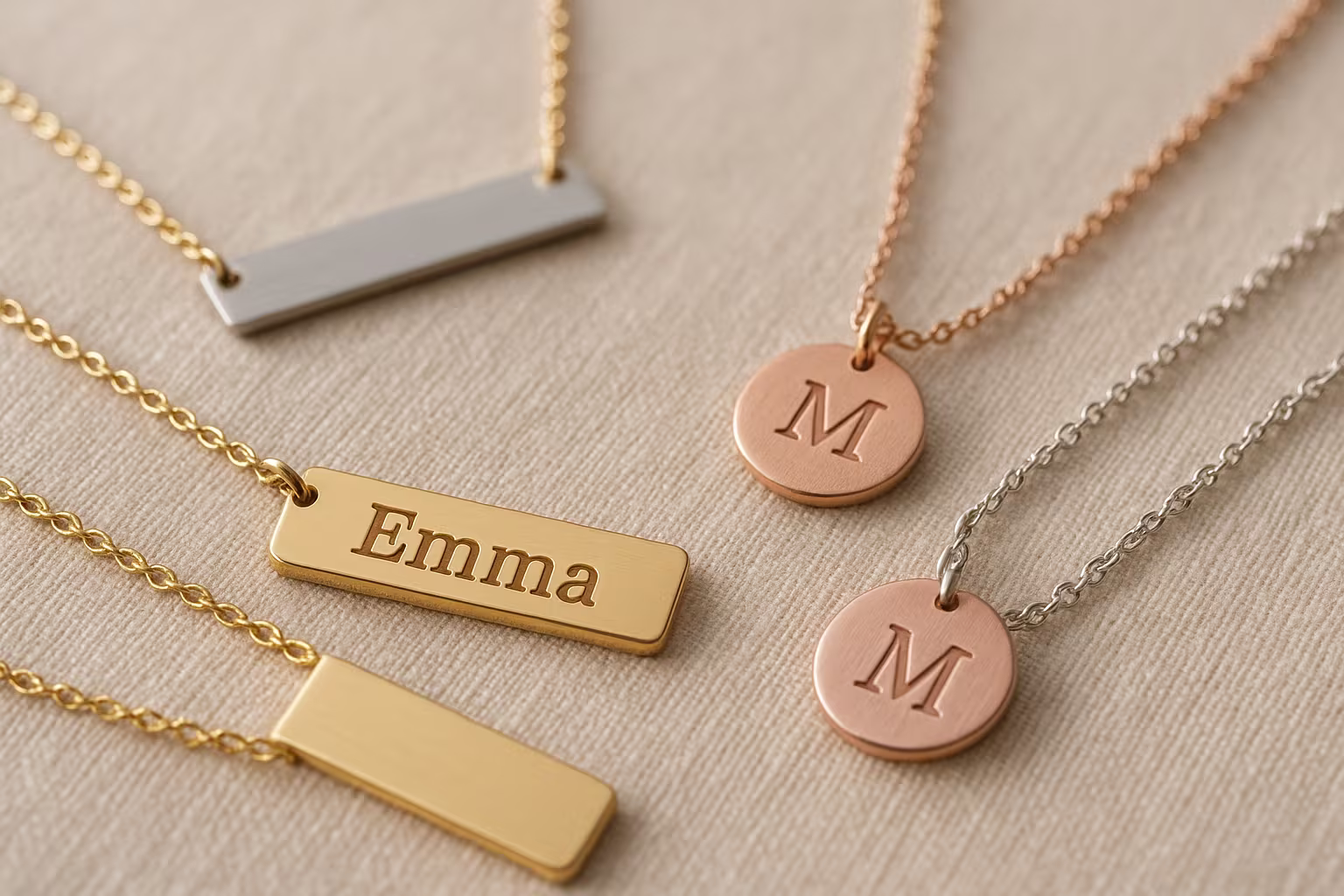 Assorted personalized necklaces with engravings, nameplates and initial pendants on a neutral background