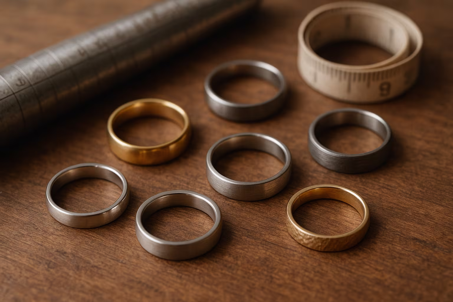 Selection of wedding bands in gold, platinum and titanium on a wooden surface with measuring tape and jeweler's mandrel