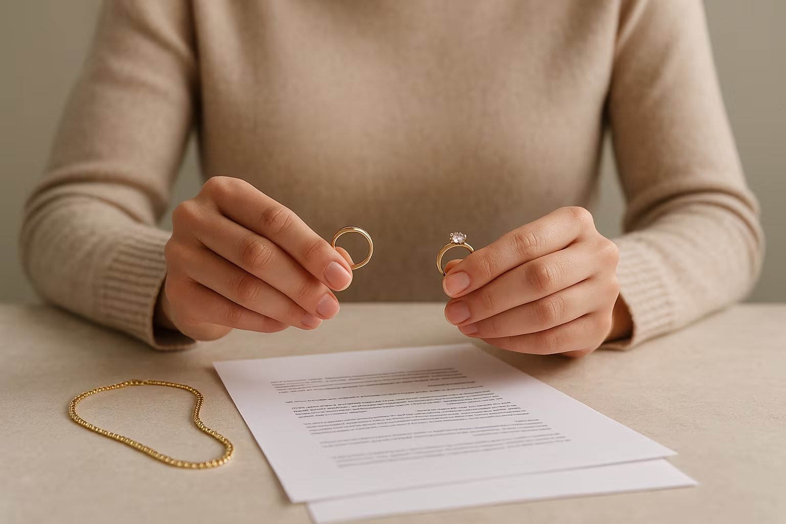 Person comparing two jewelry pieces on a neutral background, editorial comparison image