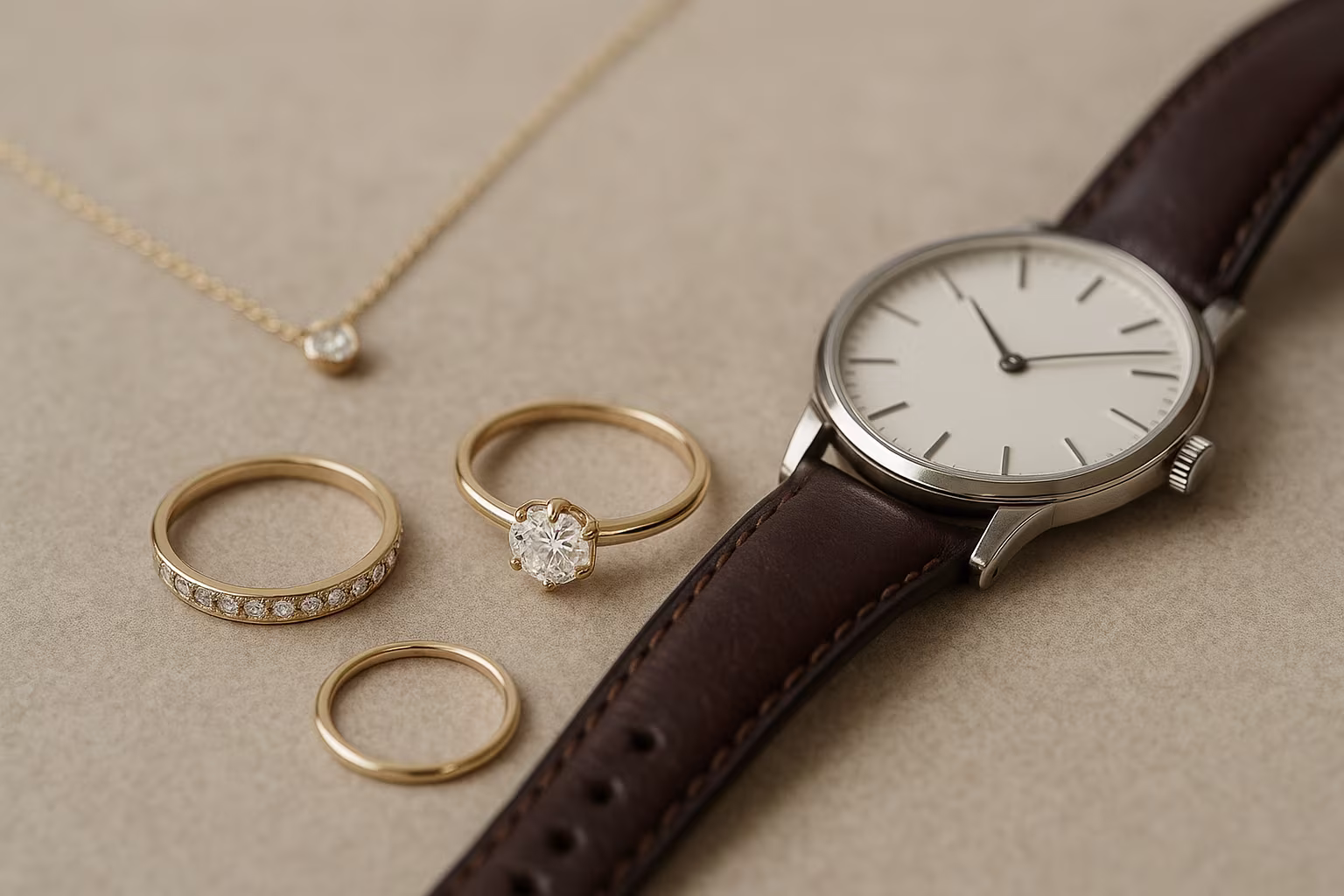 Editorial display: rings, necklace and wristwatch on a neutral backdrop with soft lighting