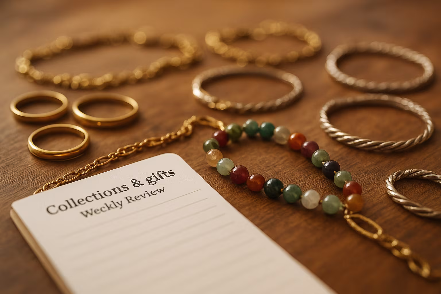 Editorial photo: mixed jewelry (gold rings, silver bracelets, colorful gemstone beads) on a wooden table with a notebook 'Collections & Gifts - Weekly Review'.
