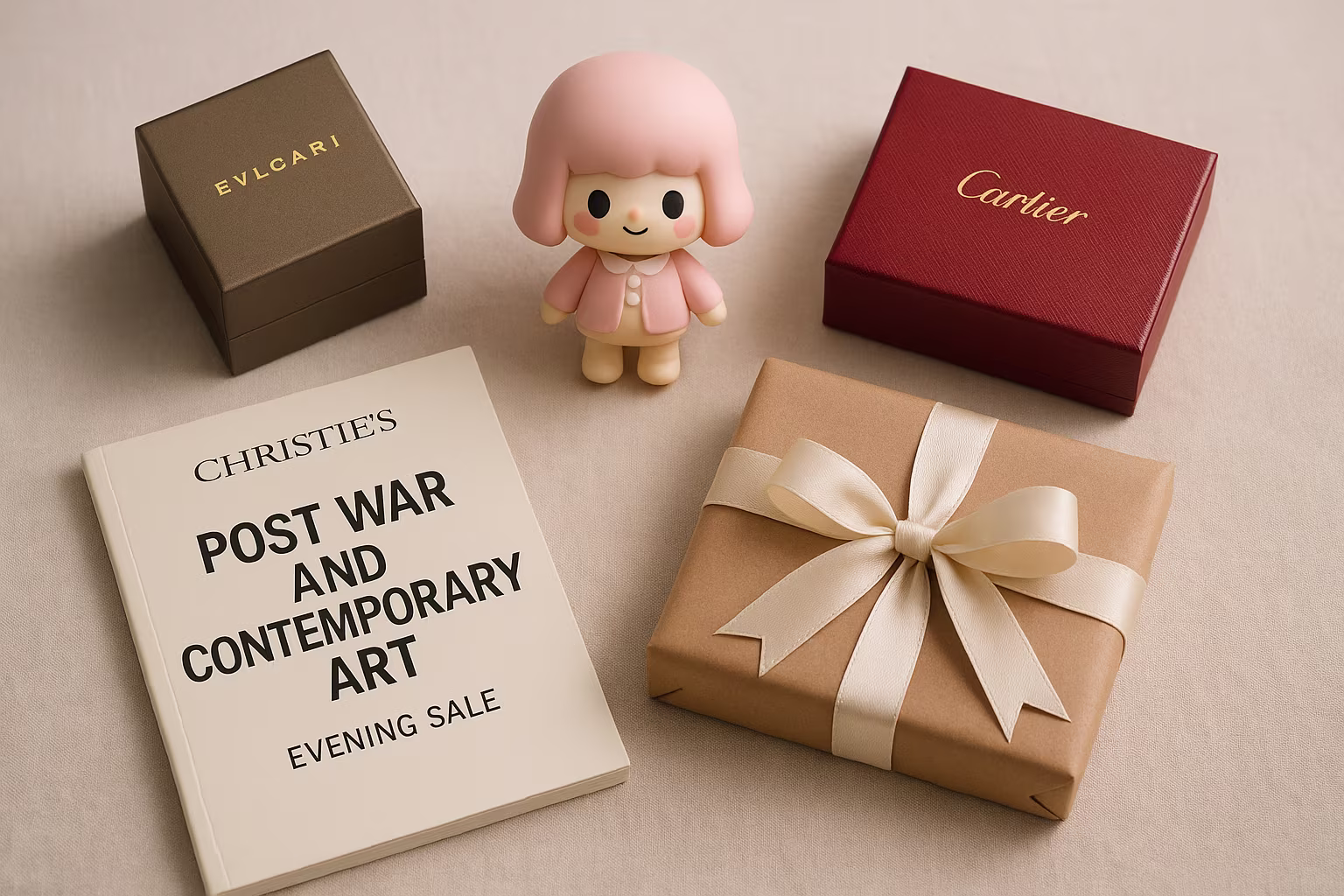 Editorial flatlay of collectibles and gifts (jewelry boxes, collectible figure, auction catalogue)