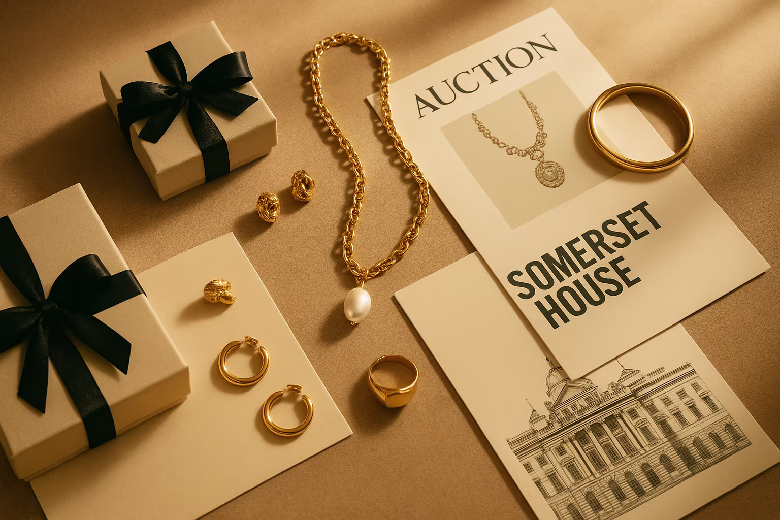 Editorial flatlay: jewellery, gift boxes and auction catalogues, warm lighting.