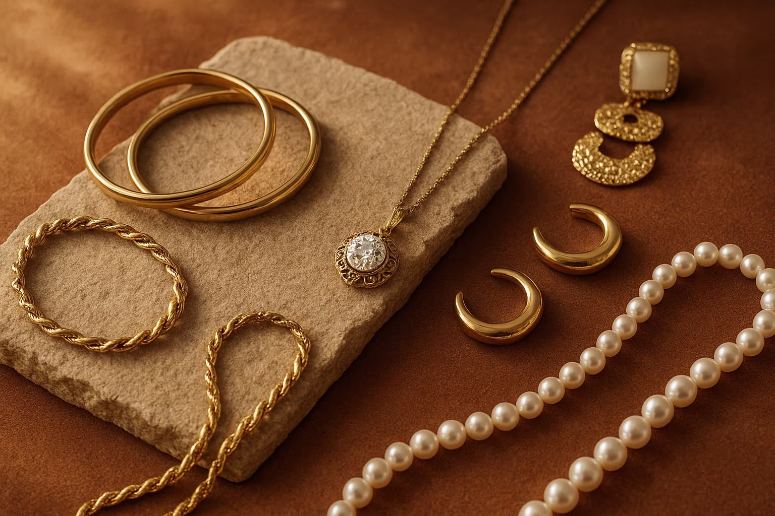 Editorial flatlay of mixed jewelry - gold bracelets, diamond pendant, pearls and costume pieces on velvet.
