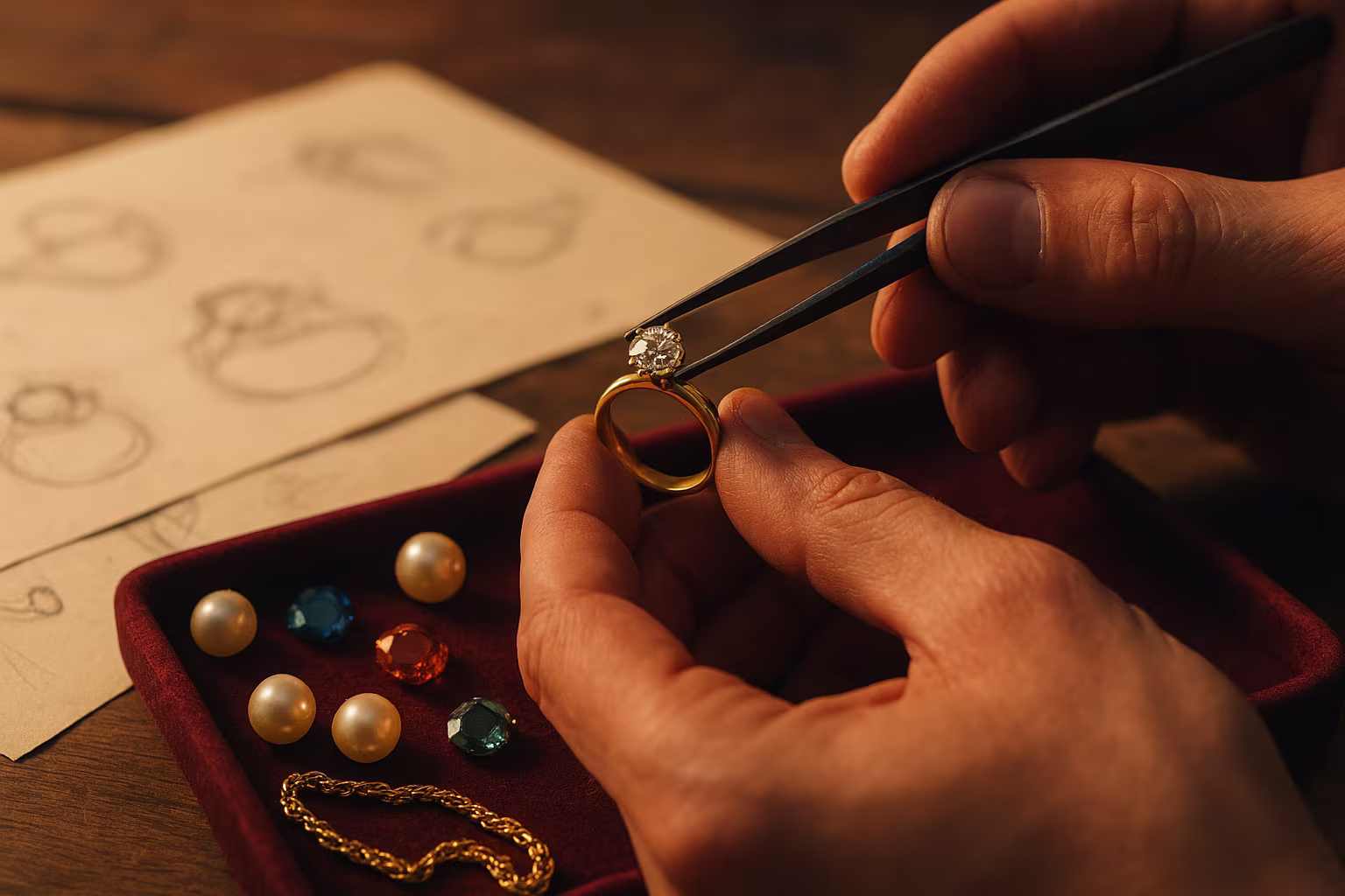 Jewelry workshop close-up - setting a diamond into a gold ring