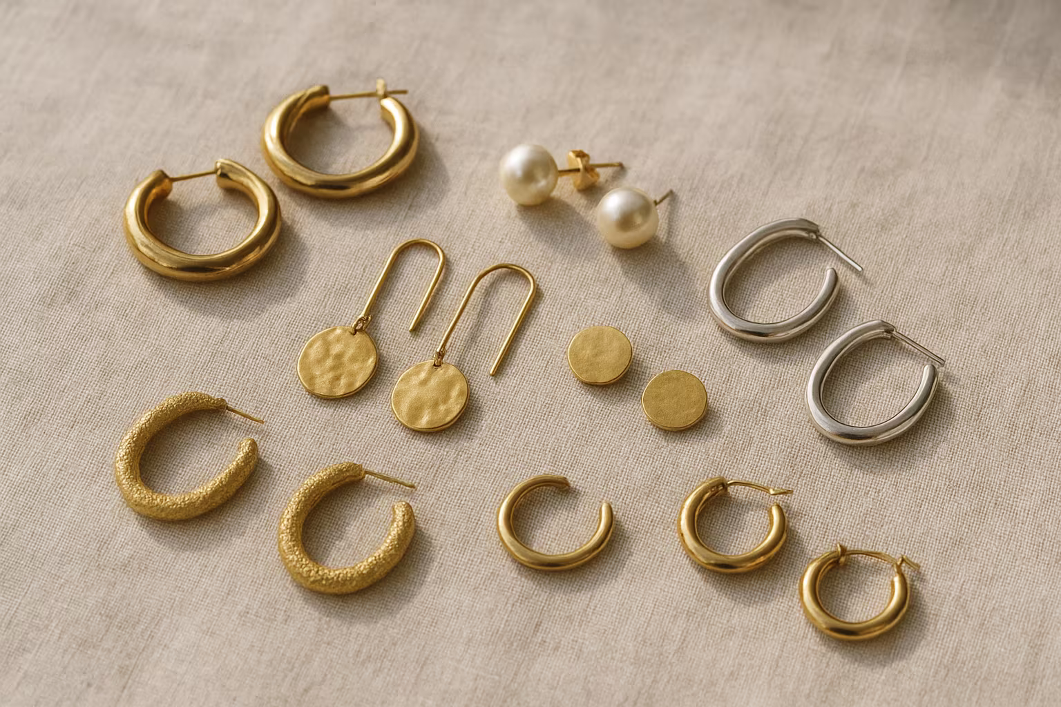 Gros plan éditorial de clous, créoles et pendantes disposés sur une toile lin, lumière naturelle douce.