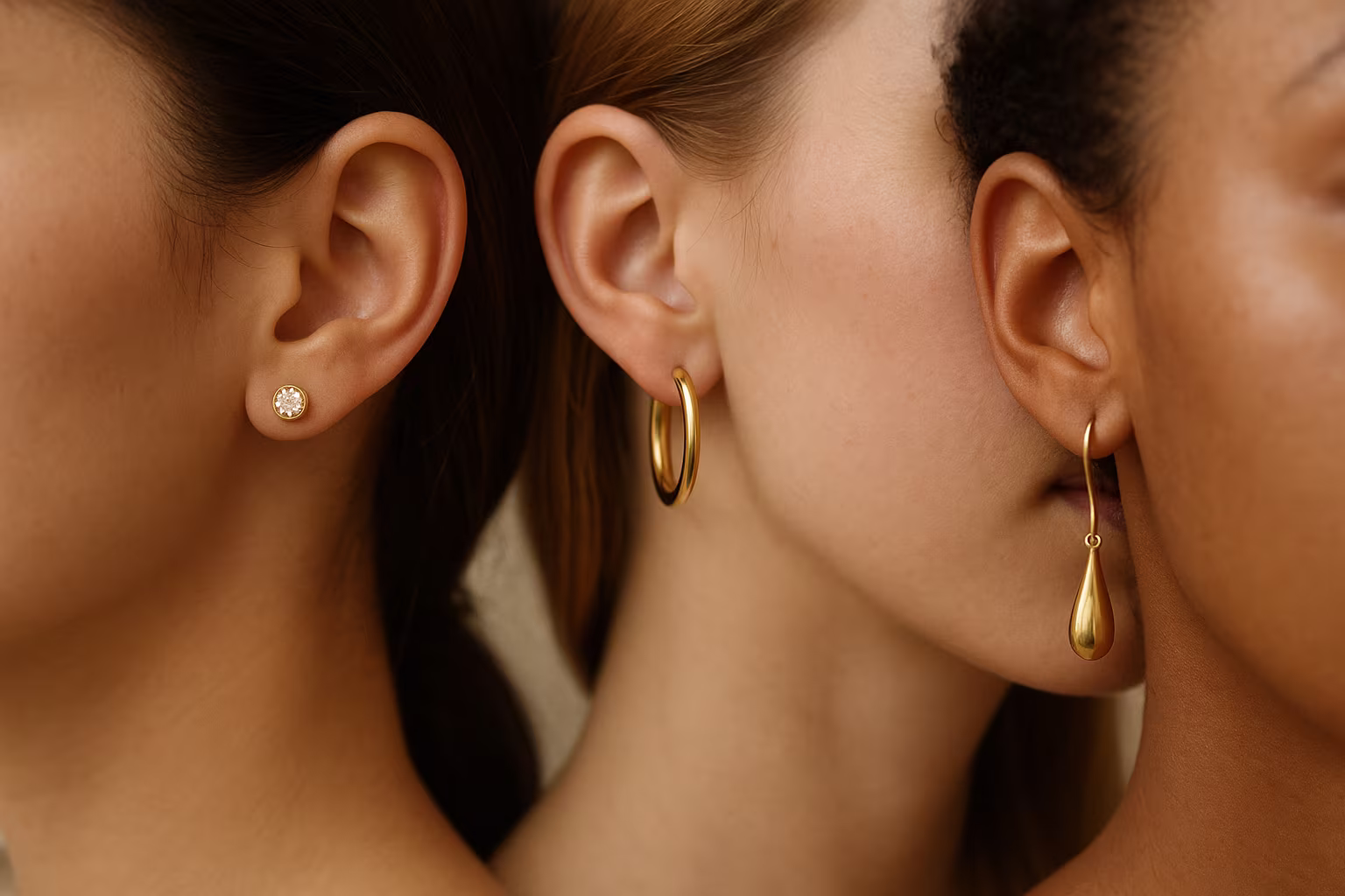 Editorial close-up of multiple earring types (studs, hoops, drops) on different earlobes.