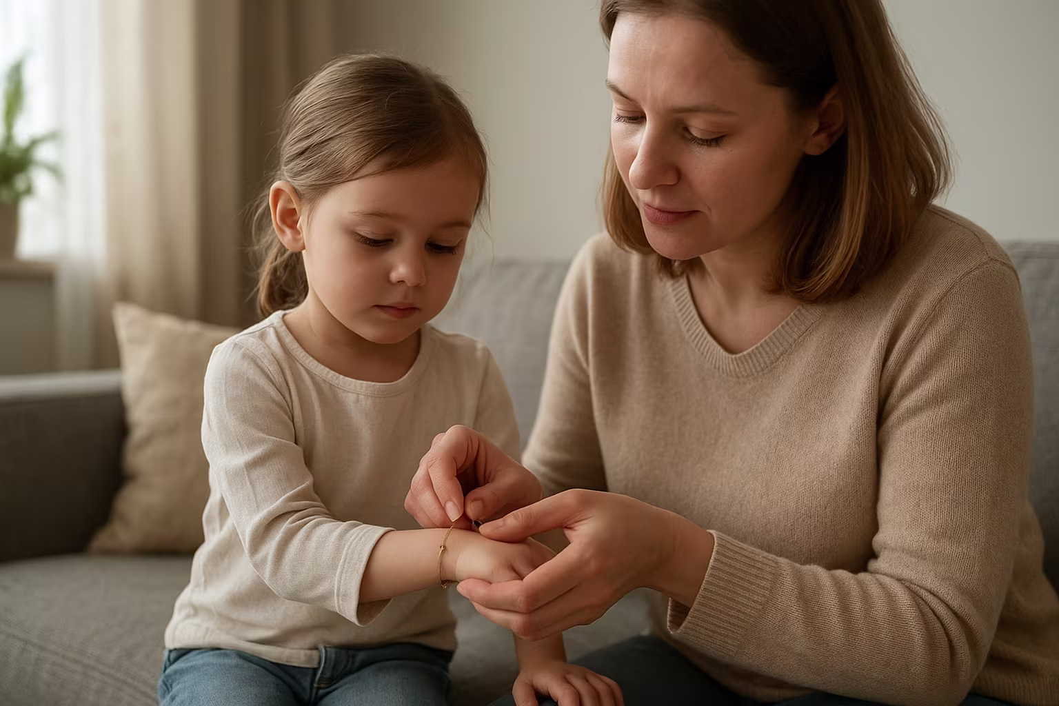 Child and caregiver adjusting a small bracelet in a living room with soft daylight